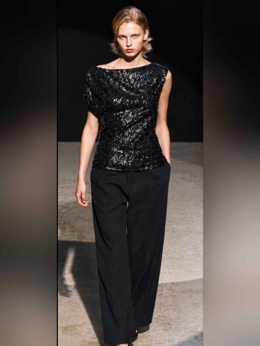 Zara Black Sequin Boatneck Asymetrical Top